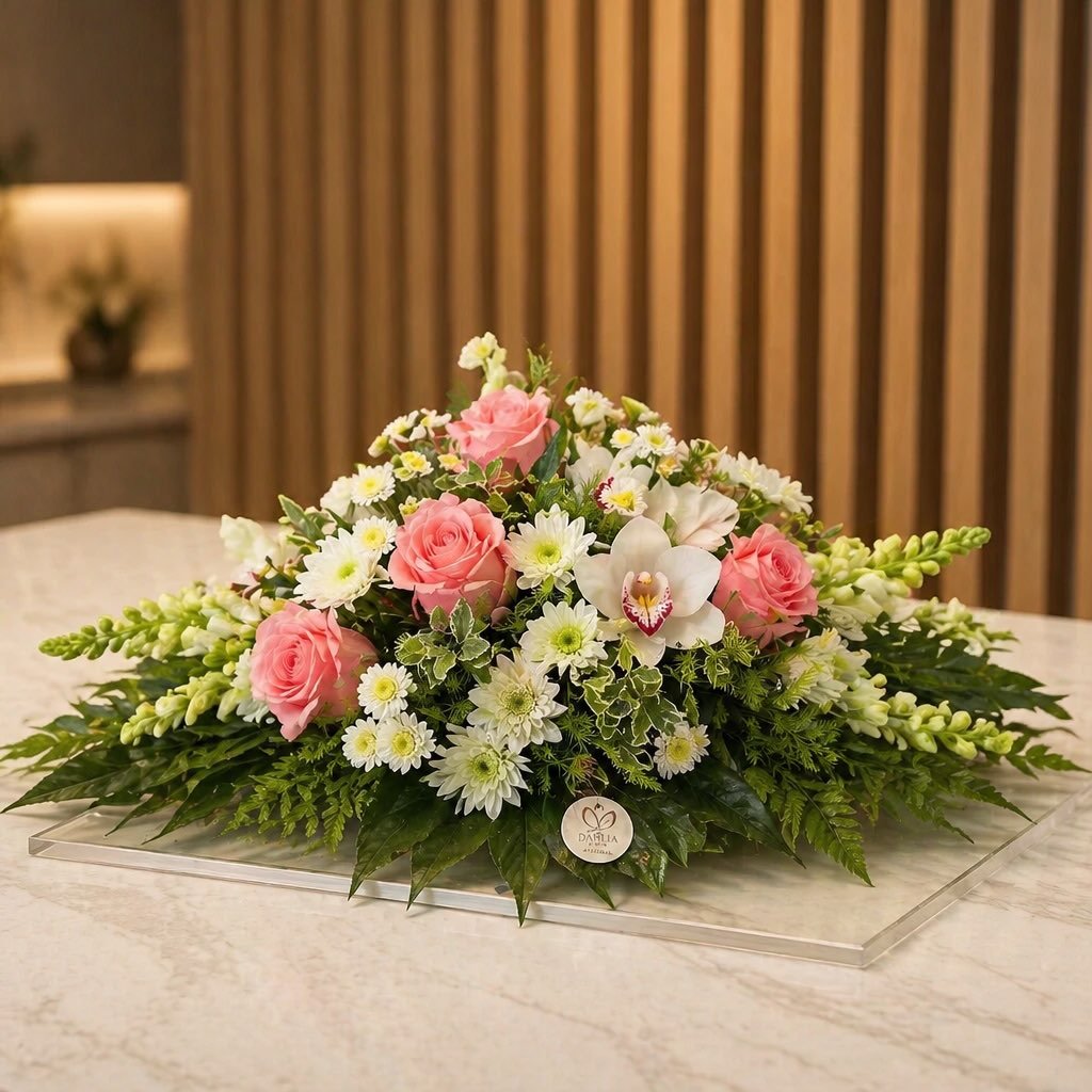 Arranjo floral Flora Florista com rosas cor-de-rosa e orquídea